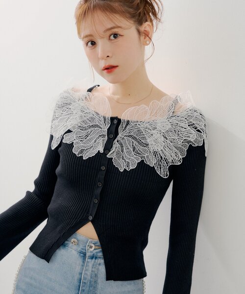 フラワーレースオフショルリブデザインニット SALON by Chico】フラワーレースオフショルリブデザインニット