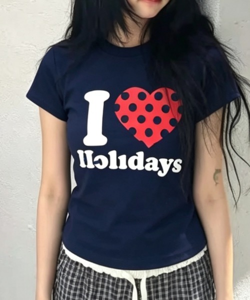 ViViDAY(ビビデー)の「I LOVE HOLIDAY ドットハート柄&英字ロゴ プリントショートtシャツ(Tシャツ/カットソー・レディース・オフホワイト/ブラック/ホワイト/ピンク/レッド/グレー/ネイビー/ライトブルー/ライトベージュ/グリーン・M)」の9枚目の写真