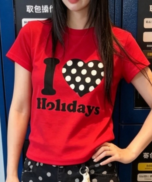 ViViDAY(ビビデー)の「I LOVE HOLIDAY ドットハート柄&英字ロゴ プリントショートtシャツ(Tシャツ/カットソー・レディース・オフホワイト/ブラック/ホワイト/ピンク/レッド/グレー/ネイビー/ライトブルー/ライトベージュ/グリーン・M)」の10枚目の写真