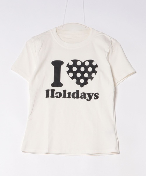 ViViDAY(ビビデー)の「I LOVE HOLIDAY ドットハート柄&英字ロゴ プリントショートtシャツ(Tシャツ/カットソー・レディース・オフホワイト/ブラック/ホワイト/ピンク/レッド/グレー/ネイビー/ライトブルー/ライトベージュ/グリーン・M)」の3枚目の写真