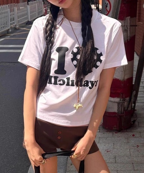 ViViDAY(ビビデー)の「I LOVE HOLIDAY ドットハート柄&英字ロゴ プリントショートtシャツ(Tシャツ/カットソー・レディース・オフホワイト/ブラック/ホワイト/ピンク/レッド/グレー/ネイビー/ライトブルー/ライトベージュ/グリーン・M)」の15枚目の写真