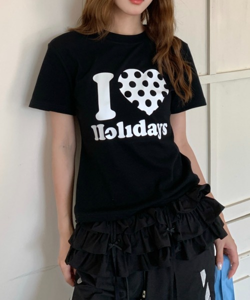 ViViDAY(ビビデー)の「I LOVE HOLIDAY ドットハート柄&英字ロゴ プリントショートtシャツ(Tシャツ/カットソー・レディース・オフホワイト/ブラック/ホワイト/ピンク/レッド/グレー/ネイビー/ライトブルー/ライトベージュ/グリーン・M)」の17枚目の写真