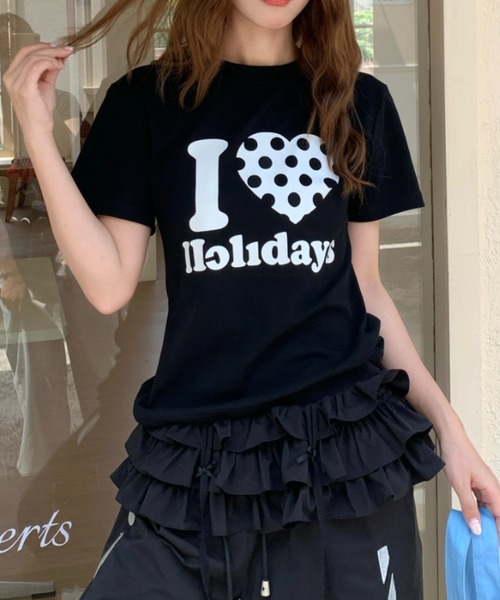 ViViDAY(ビビデー)の「I LOVE HOLIDAY ドットハート柄&英字ロゴ プリントショートtシャツ(Tシャツ/カットソー・レディース・オフホワイト/ブラック/ホワイト/ピンク/レッド/グレー/ネイビー/ライトブルー/ライトベージュ/グリーン・M)」の18枚目の写真