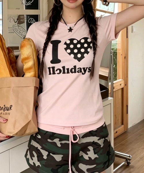 ViViDAY(ビビデー)の「I LOVE HOLIDAY ドットハート柄&英字ロゴ プリントショートtシャツ(Tシャツ/カットソー・レディース・オフホワイト/ブラック/ホワイト/ピンク/レッド/グレー/ネイビー/ライトブルー/ライトベージュ/グリーン・M)」の19枚目の写真