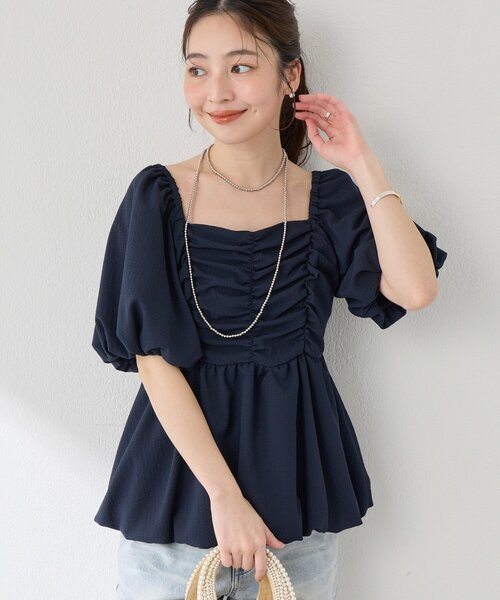 La boutique BonBon(ラブティックボンボン)の「【最強モテ系】バルーンペプラムブラウス(シャツ/ブラウス・レディース・ネイビー/オフホワイト/サックスブルー・FREE)」の1枚目の写真