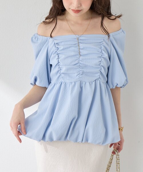 La boutique BonBon(ラブティックボンボン)の「【最強モテ系】バルーンペプラムブラウス(シャツ/ブラウス・レディース・ネイビー/オフホワイト/サックスブルー・FREE)」の3枚目の写真