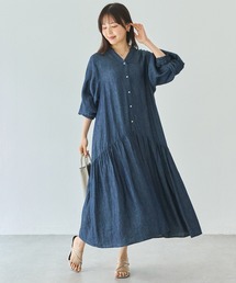 LAVEANGE | シアーデニムギャザーワンピース|涼しく着られる、大人のデニムワンピ/軽やか/フレア/スキッパー/ロング丈/洗える/体型カバー(シャツワンピース)