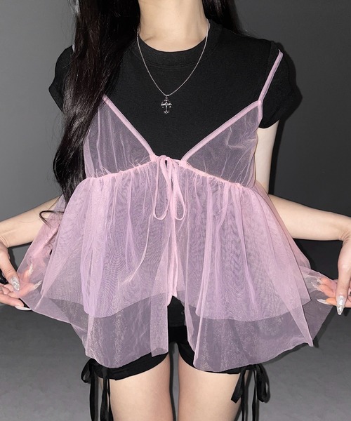 me+em select(ミームセレクト)の「※※【 3color 】フロントリボンチュールキャミソール / front ribbon tulle camisole(その他トップス・レディース・ホワイト/ブラック/ピンク・FREE)」の3枚目の写真