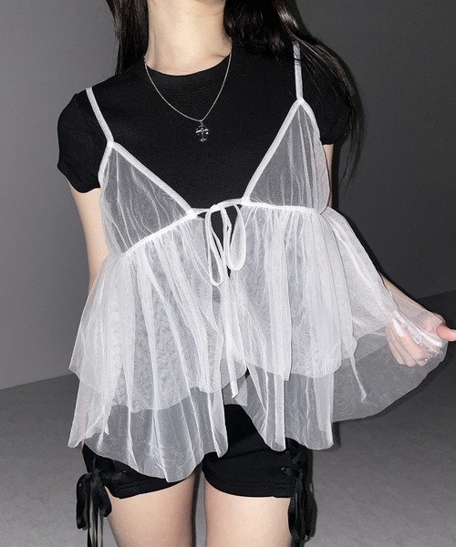 me+em select(ミームセレクト)の「※※【 3color 】フロントリボンチュールキャミソール / front ribbon tulle camisole(その他トップス・レディース・ホワイト/ブラック/ピンク・FREE)」の7枚目の写真