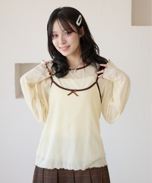 kutir(クティール)の「配色リボンキャミセットシアーTシャツ(Tシャツ/カットソー・レディース・ライトブルー/ライトイエロー/ホワイト/ホワイト系その他・FREE)」の4枚目の写真