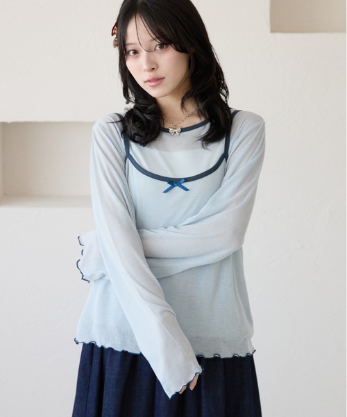 kutir(クティール)の「配色リボンキャミセットシアーTシャツ(Tシャツ/カットソー・レディース・ライトブルー/ライトイエロー/ホワイト/ホワイト系その他・FREE)」の3枚目の写真