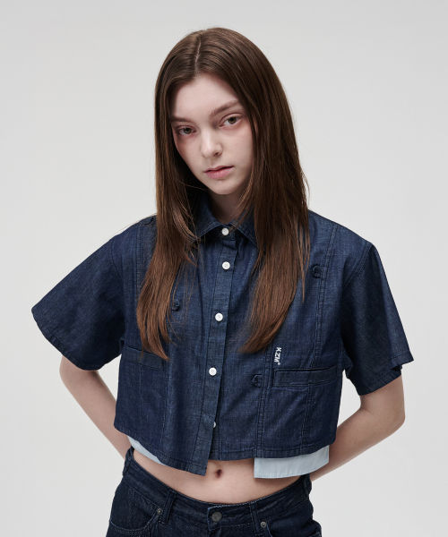 KZM（ケージエム）の「ポシュデニムクロップシャツ（シャツ/ブラウス・レディース・ブルー・X-SMALL/SMALL/MEDIUM）」の2枚目の写真