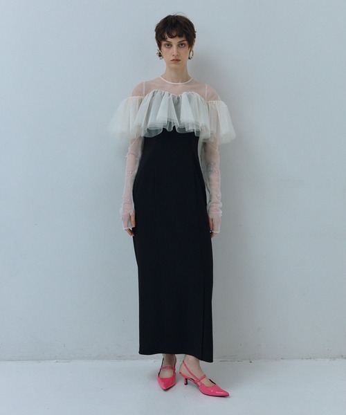 ANDRESD(アンドレスド)の「フローティングラッフルマルチスリーブドレス / floating ruffle multi sleeve dress(ドレス・レディース・イエロー/ブラック/ミント/ベージュ×ブラック・L/M/S)」の3枚目の写真
