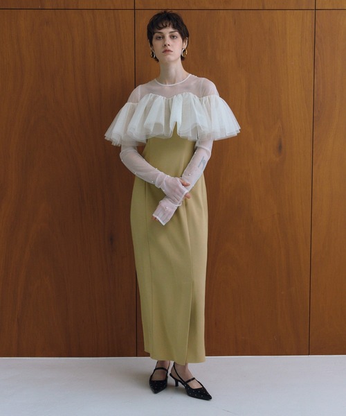 ANDRESD(アンドレスド)の「フローティングラッフルマルチスリーブドレス / floating ruffle multi sleeve dress(ドレス・レディース・イエロー/ブラック/ミント/ベージュ×ブラック・L/M/S)」の15枚目の写真