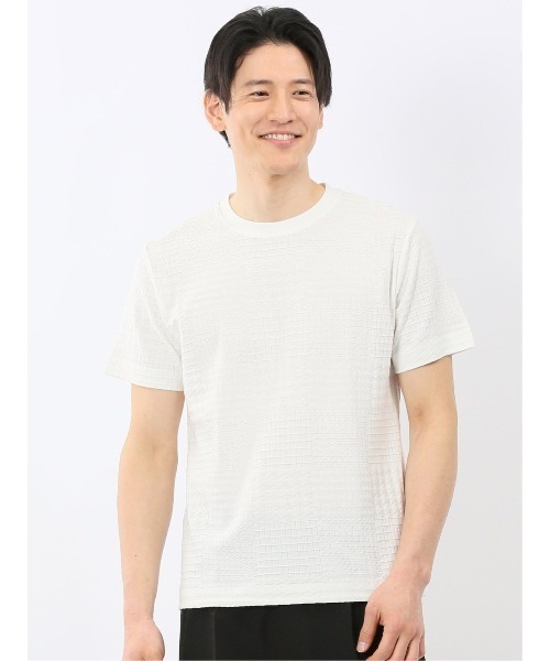 TAKA-Q(タカキュー)の「【綿混】タカキュー チェック ジャガード クルーネック 半袖 Tシャツ(Tシャツ/カットソー・メンズ・ホワイト/サックスブルー・MEDIUM/X-LARGE/LARGE)」の1枚目の写真
