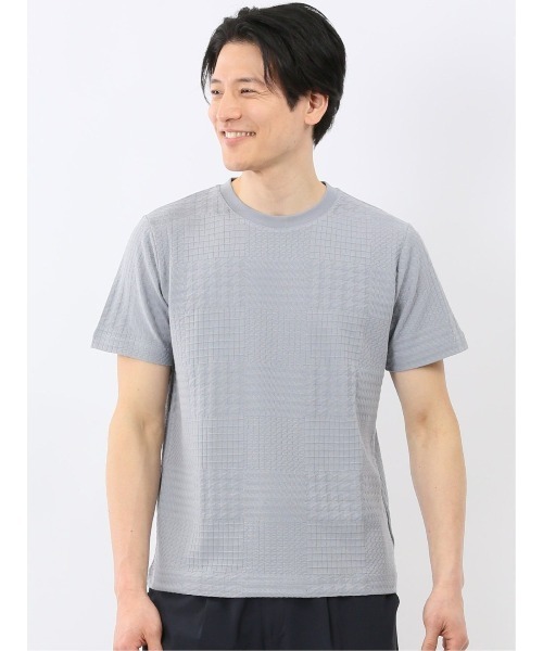 TAKA-Q(タカキュー)の「【綿混】タカキュー チェック ジャガード クルーネック 半袖 Tシャツ(Tシャツ/カットソー・メンズ・ホワイト/サックスブルー・MEDIUM/X-LARGE/LARGE)」の2枚目の写真