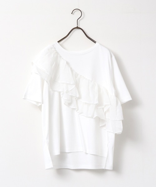 hunch（ハンチ）の「コンパクトスムース フリルデザイントップス（Tシャツ/カットソー・レディース・ダークカーキ/ブラック/オフホワイト・FREE）」の19枚目の写真