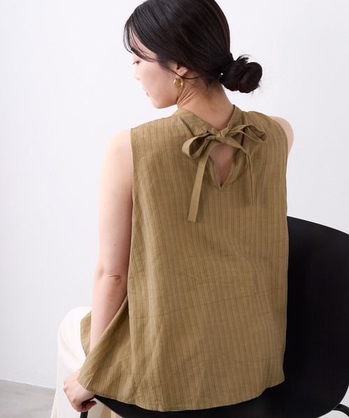 normment(ノーメント)の「【normment】ストライプステッチバックリボンブラウス-STRIPE STITCH BACK RIBBON BL(シャツ/ブラウス・レディース・ベージュ/ブラック・FREE)」の10枚目の写真