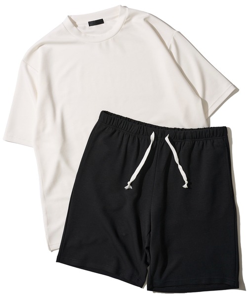 ADPOSION(アドポーション)の「【上下2点セット】冷感ポンチ 半袖Tシャツ&ハーフパンツ ルームウェア(ルームウェア/パジャマ・メンズ・ブラック×グレー/グリーン/ホワイト×ブラック/ブラック/グレー/チャコールグレー・MEDIUM/LARGE/X-LARGE)」の2枚目の写真