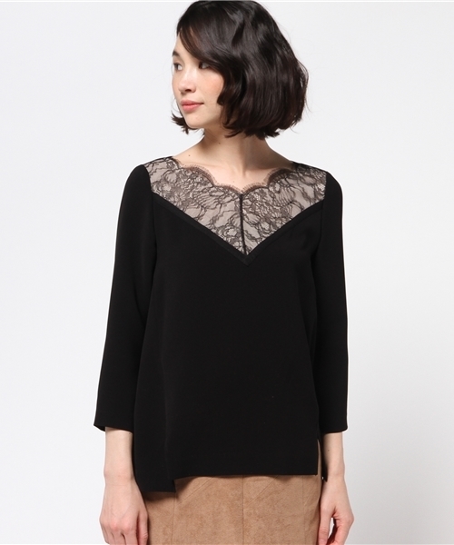 FIGARO Paris（フィガロパリ）の「◇Vネック レース付きブラウス（シャツ/ブラウス・レディース・ブラック/アイボリー・38/36）」の3枚目の写真