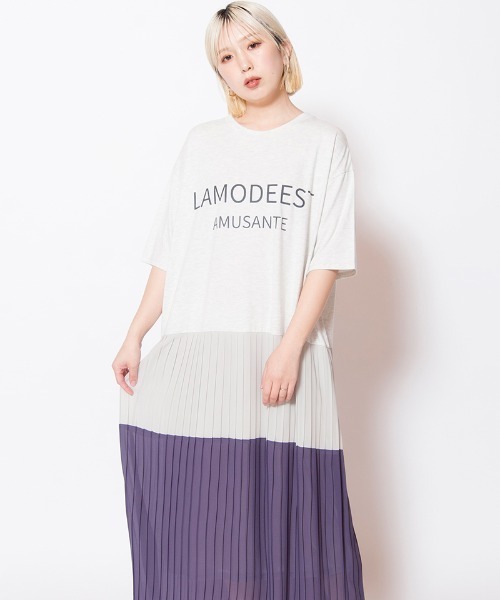 OSMOSIS（オズモーシス）の「ロゴプリントプリーツ切替ワンピース（ワンピース・レディース・カーキ/ブラック/アイボリー・ONE SIZE）」の2枚目の写真