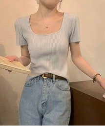 スクエアネックリブニットトップス 半袖コンパクトT