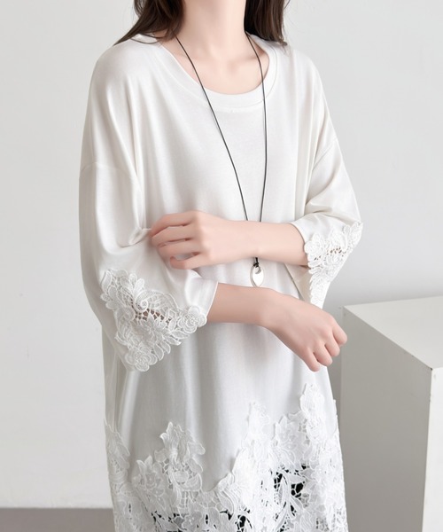 ABITOKYO（アビトーキョー）の「裾レース切替チュニック丈Tシャツ（Tシャツ/カットソー・レディース・ホワイト/ブラック・FREE）」の15枚目の写真