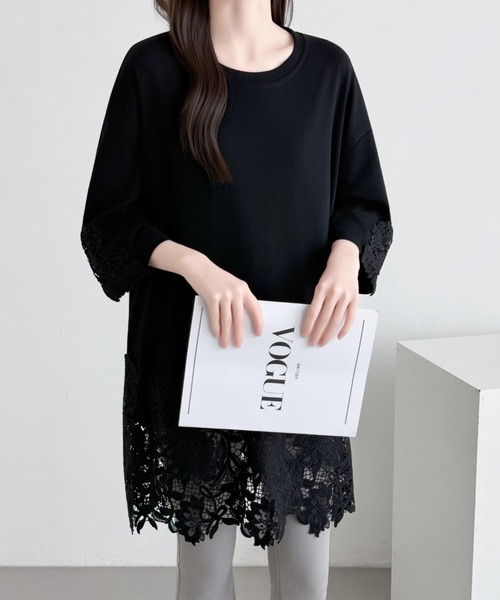 ABITOKYO（アビトーキョー）の「裾レース切替チュニック丈Tシャツ（Tシャツ/カットソー・レディース・ホワイト/ブラック・FREE）」の8枚目の写真