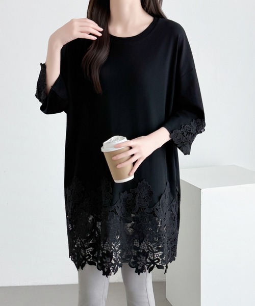 ABITOKYO（アビトーキョー）の「裾レース切替チュニック丈Tシャツ（Tシャツ/カットソー・レディース・ホワイト/ブラック・FREE）」の9枚目の写真
