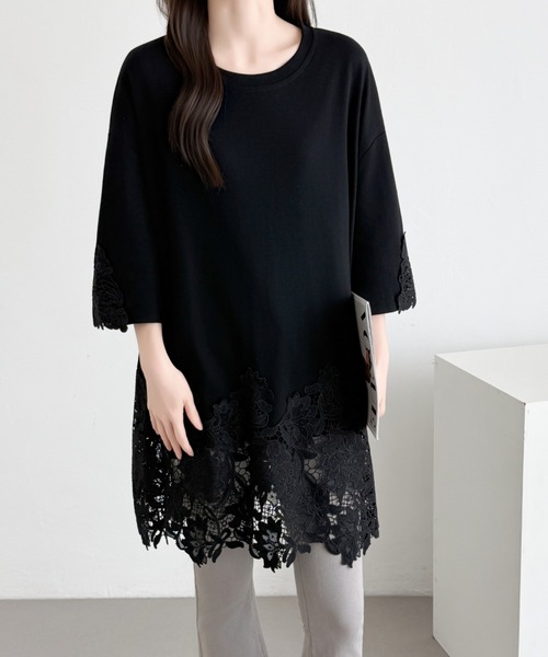 ABITOKYO（アビトーキョー）の「裾レース切替チュニック丈Tシャツ（Tシャツ/カットソー・レディース・ホワイト/ブラック・FREE）」の10枚目の写真
