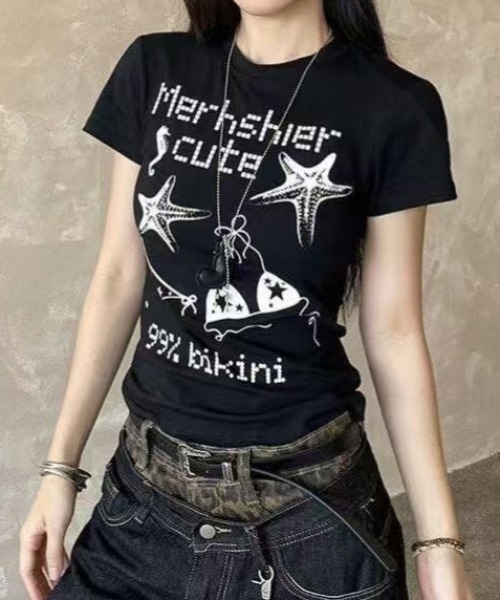 Achic(アシック)の「アメカジ星柄半袖(Tシャツ/カットソー・レディース・ブラック/ホワイト・M)」の3枚目の写真