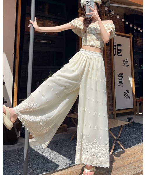 CHEER(チアー)の「裾スカラップ カットワークレース刺繍 ワイドシフォンパンツ(その他パンツ・レディース・ホワイト・FREE)」の10枚目の写真