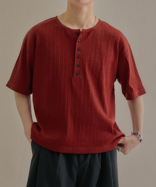 epnok(エプノック)の「テクスチャードディープヘンリーネックルーズ半袖Tee(Tシャツ/カットソー・メンズ・ベージュ/レッド/グレー/ネイビー/ブラック・MEDIUM/SMALL/LARGE)」の5枚目の写真