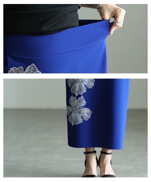 Sawa a la mode（サワアラモード）の「アシンメトリー花柄刺繍ナロースカート（スカート・レディース・ブラック/ブルー・FREE）」の6枚目の写真