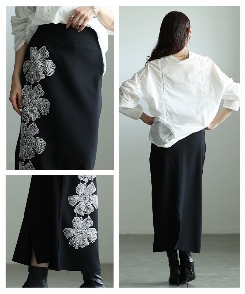 Sawa a la mode（サワアラモード）の「アシンメトリー花柄刺繍ナロースカート（スカート・レディース・ブラック/ブルー・FREE）」の20枚目の写真