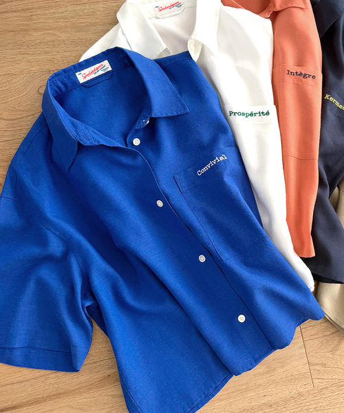 セール】リネンブレンドロゴ刺繍ショートシャツ（シャツ/ブラウス 