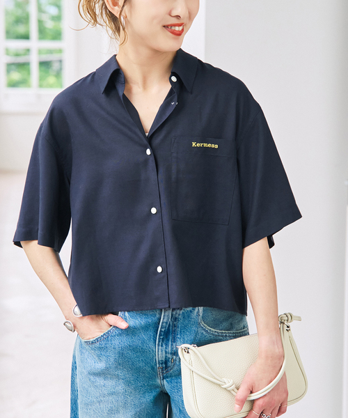 セール】リネンブレンドロゴ刺繍ショートシャツ（シャツ/ブラウス