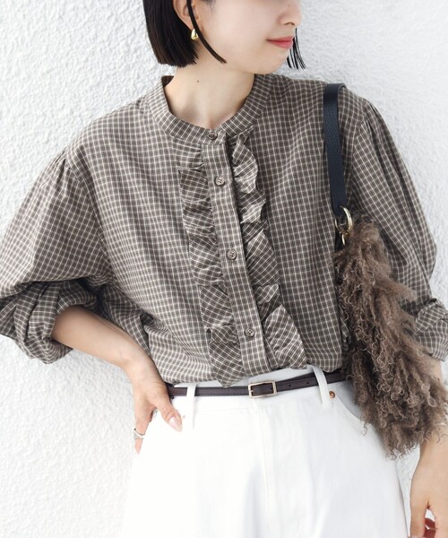 WEB限定】〈手洗い可能〉チェック フリル ロングスリーブ シャツ