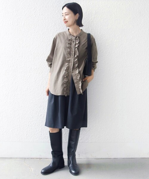 WEB限定】〈手洗い可能〉チェック フリル ロングスリーブ シャツ 