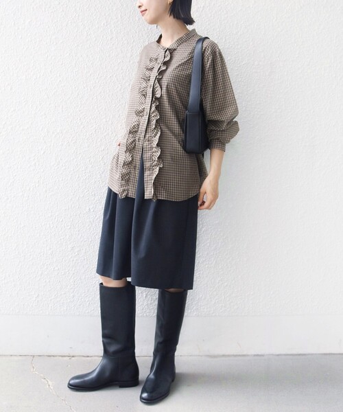 WEB限定】〈手洗い可能〉チェック フリル ロングスリーブ シャツ
