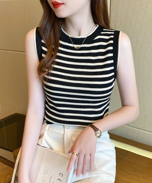 Beststore(ベストストア)の「大人カジュアル ボーダー柄 サマーニット タンクトップ ノースリーブ(タンクトップ・レディース・ライトブラウン/ピンク/グリーン/ブラック/ベージュ・FREE)」の10枚目の写真