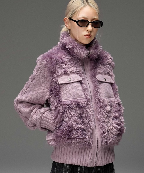 X-girl(エックスガール)の「FAUX FUR AND KNIT JACKET(その他アウター・レディース・オフホワイト/ライトパープル/ブラック・ONE SIZE)」の3枚目の写真