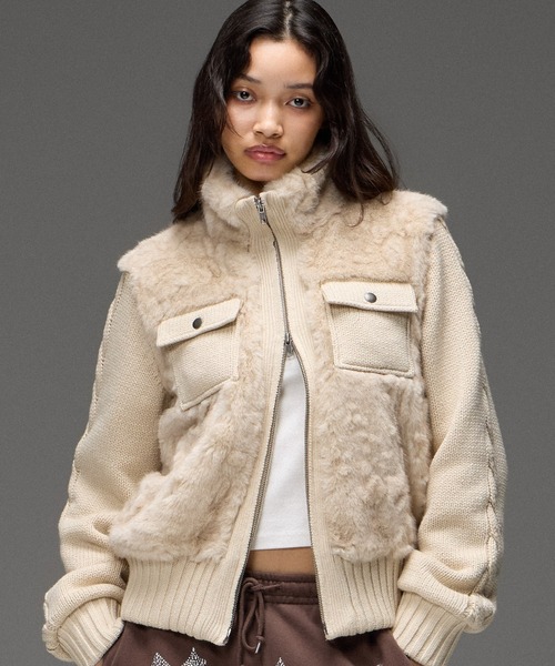 X-girl(エックスガール)の「FAUX FUR AND KNIT JACKET(その他アウター・レディース・オフホワイト/ライトパープル/ブラック・ONE SIZE)」の1枚目の写真