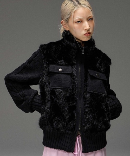X-girl(エックスガール)の「FAUX FUR AND KNIT JACKET(その他アウター・レディース・オフホワイト/ライトパープル/ブラック・ONE SIZE)」の2枚目の写真