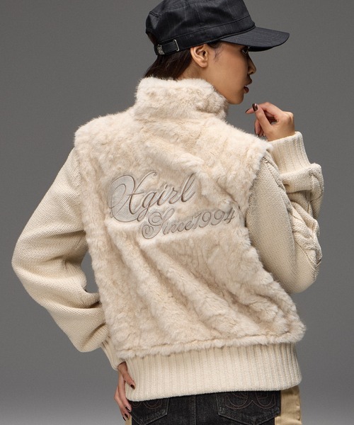 X-girl(エックスガール)の「FAUX FUR AND KNIT JACKET(その他アウター・レディース・オフホワイト/ライトパープル/ブラック・ONE SIZE)」の6枚目の写真