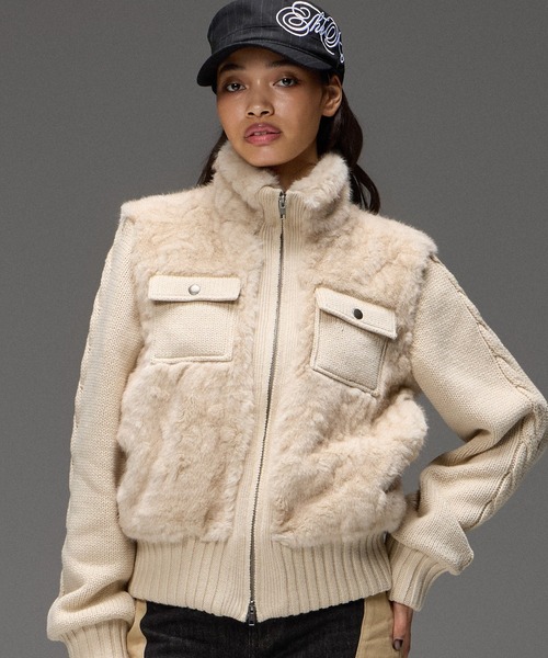 X-girl(エックスガール)の「FAUX FUR AND KNIT JACKET(その他アウター・レディース・オフホワイト/ライトパープル/ブラック・ONE SIZE)」の4枚目の写真