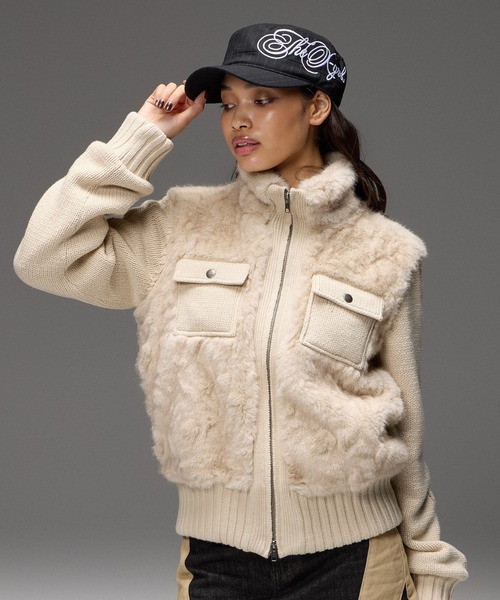 X-girl(エックスガール)の「FAUX FUR AND KNIT JACKET(その他アウター・レディース・オフホワイト/ライトパープル/ブラック・ONE SIZE)」の5枚目の写真
