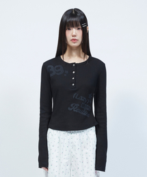 レタリンググラフィックワッフルヘンリーネック長袖TシャツBLACK
