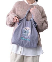 猫刺繍ロープハンドルトートバッグパッカブル仕様
