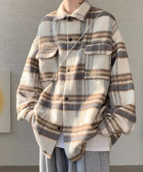 link lot（リンクロット）の「【26年秋冬新作アイテム】シャギーチェックビッグシルエットシャツジャケット（シャツ/ブラウス・メンズ・ベージュ/ブルー・M）」の4枚目の写真